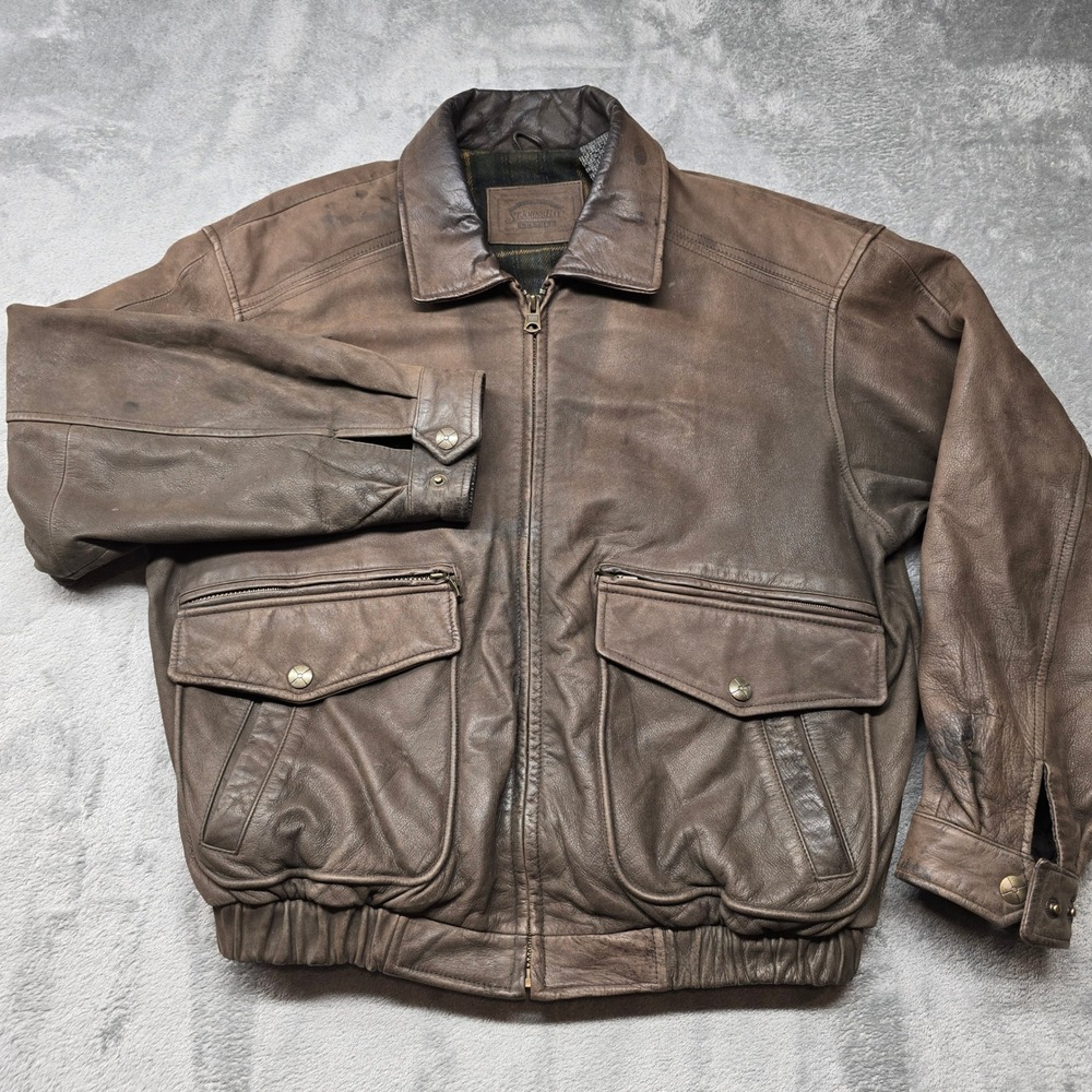 St Johns Bay Leather Bomber Jacket Mens Medium Brown Plaid Lined Aviator